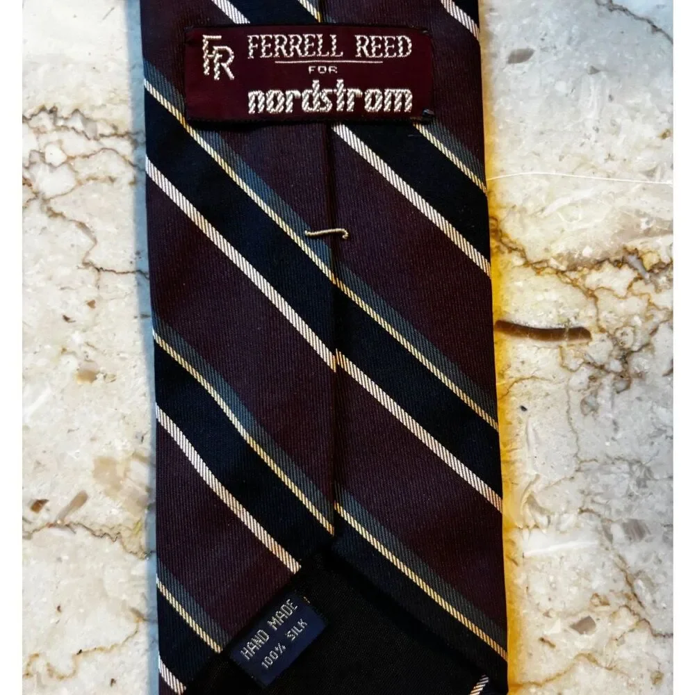 Vintage Mens Tie Ferrell Reed for Nordstrom Brown Black Stripes 100% Silk